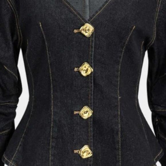 Micas Structured Denim Jacket with Gold Buttons – Dark Wash – Size XL - Picture 3 of 5